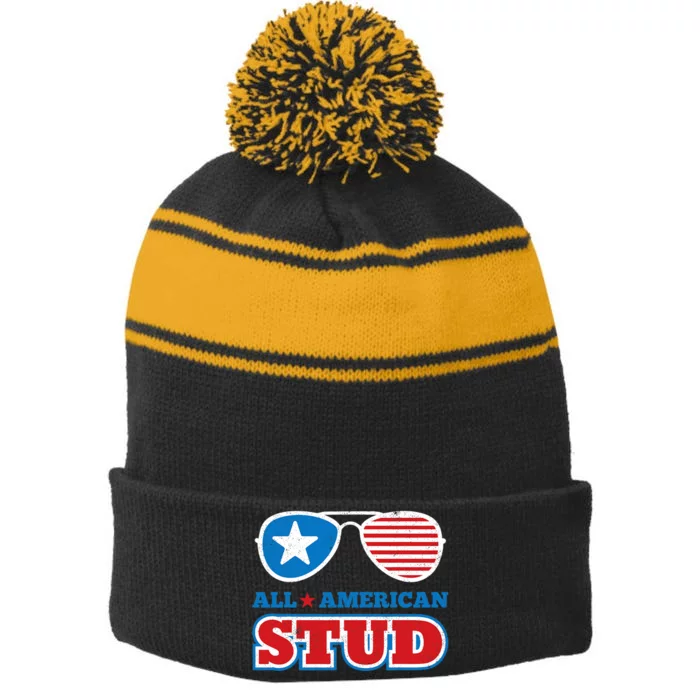 All American Stud Funny 4th Of July Independence Day Gift Stripe Pom Pom Beanie