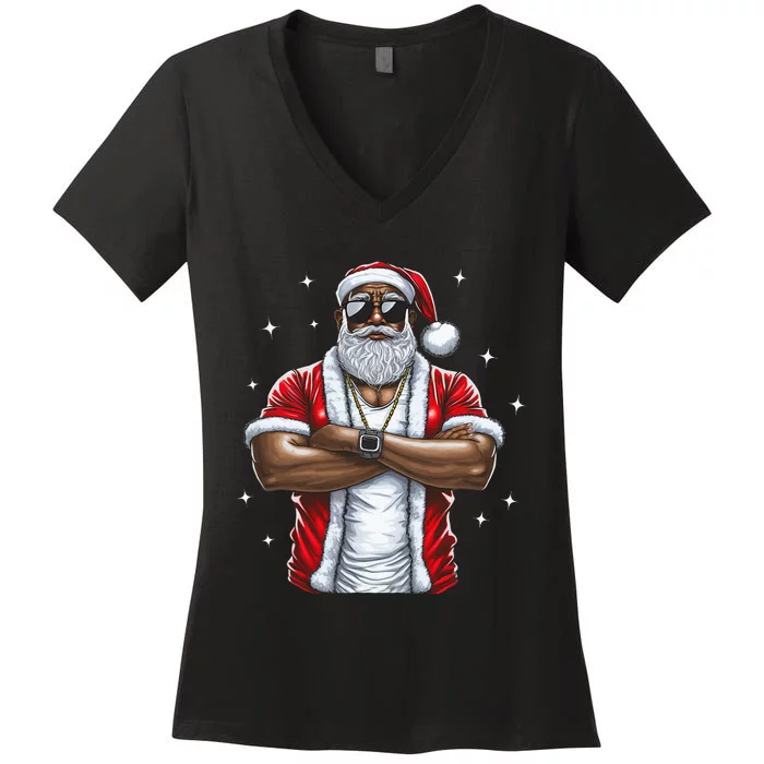 African American Santa Christmas Pajama Cool Black XMas Women's V-Neck T-Shirt