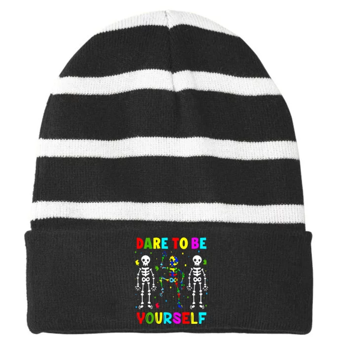 Autism Awareness Skeleton Dabbing Dare To Be Yourself Striped Beanie with Solid Band