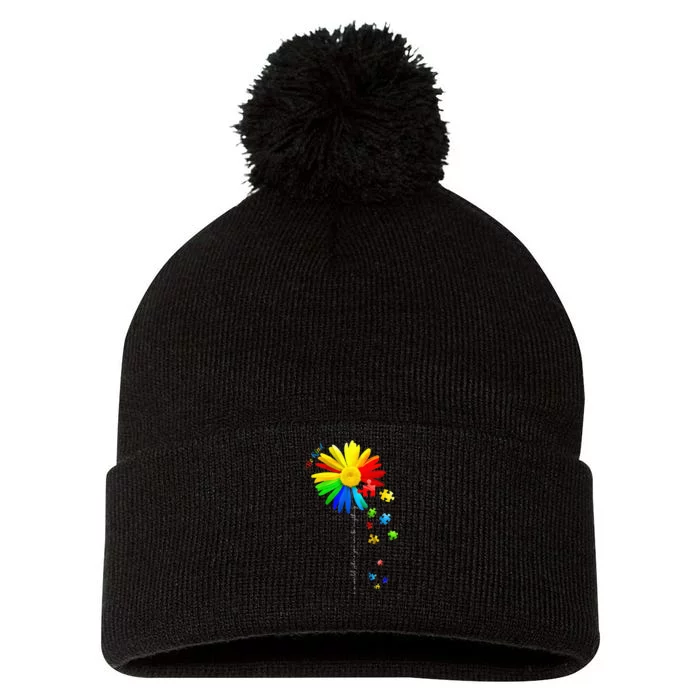 Autism Awareness Sunflower Be Kind Puzzle Mom Pom Pom 12in Knit Beanie