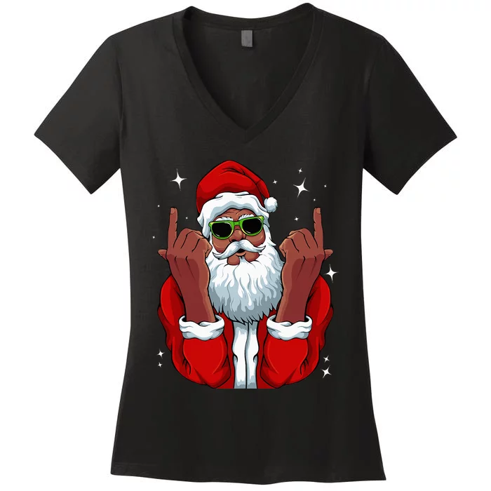 African American Santa Christmas Pajama Cool Black XMas Women's V-Neck T-Shirt