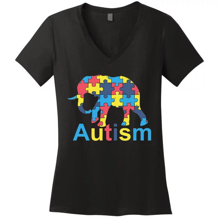 Autism Awareness Tees Elephant Puzzle Women's V-Neck T-Shirt