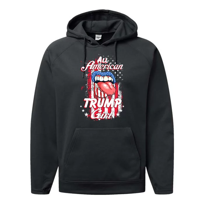 All American Trump Girl 2024 Shirts Trump Flag Women Girls Performance Fleece Hoodie