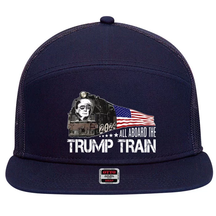 All Aboard The Trump Train American Flag Trump 2024 Election Gift 7 Panel Mesh Trucker Snapback Hat