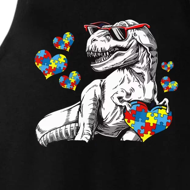 Autism Awareness TRex Dinosaur Sunglasses Heart Puzzle Ladies Tri-Blend Wicking Tank