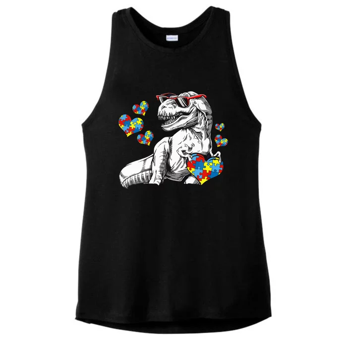 Autism Awareness TRex Dinosaur Sunglasses Heart Puzzle Ladies Tri-Blend Wicking Tank