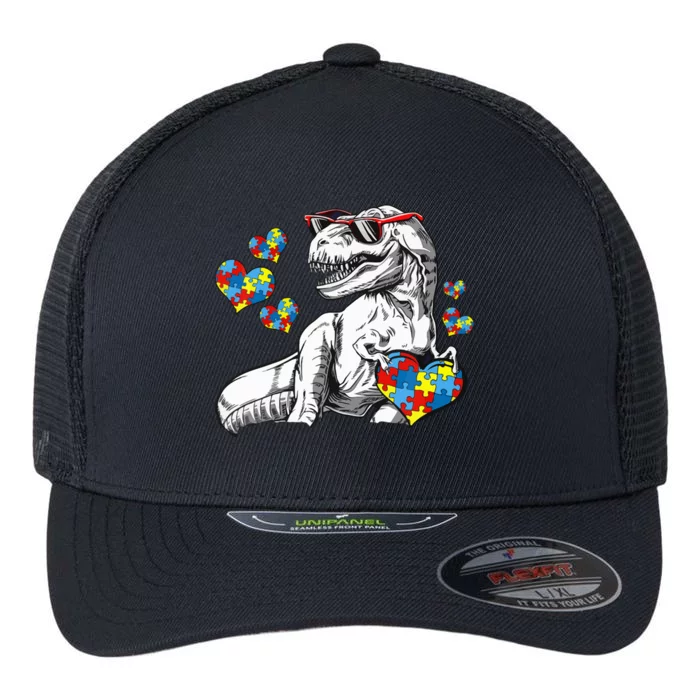 Autism Awareness TRex Dinosaur Sunglasses Heart Puzzle Flexfit Unipanel Trucker Cap