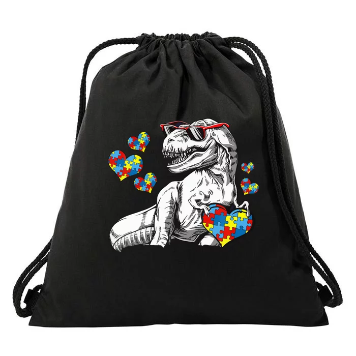 Autism Awareness TRex Dinosaur Sunglasses Heart Puzzle Drawstring Bag