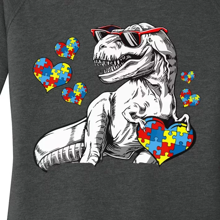 Autism Awareness TRex Dinosaur Sunglasses Heart Puzzle Women's Perfect Tri Tunic Long Sleeve Shirt