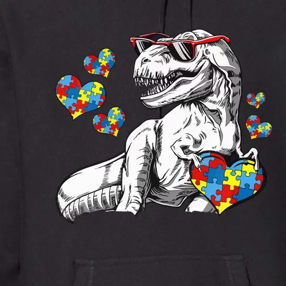 Autism Awareness TRex Dinosaur Sunglasses Heart Puzzle Premium Hoodie