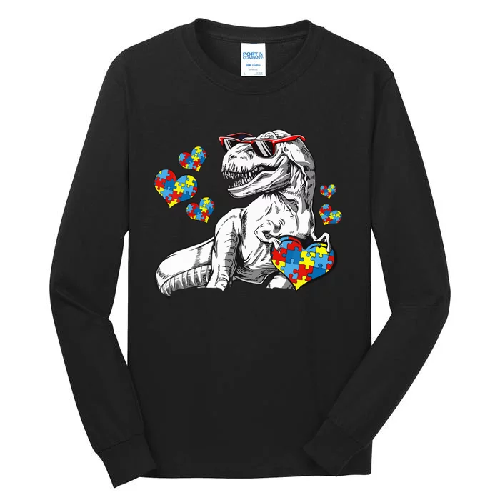 Autism Awareness TRex Dinosaur Sunglasses Heart Puzzle Tall Long Sleeve T-Shirt