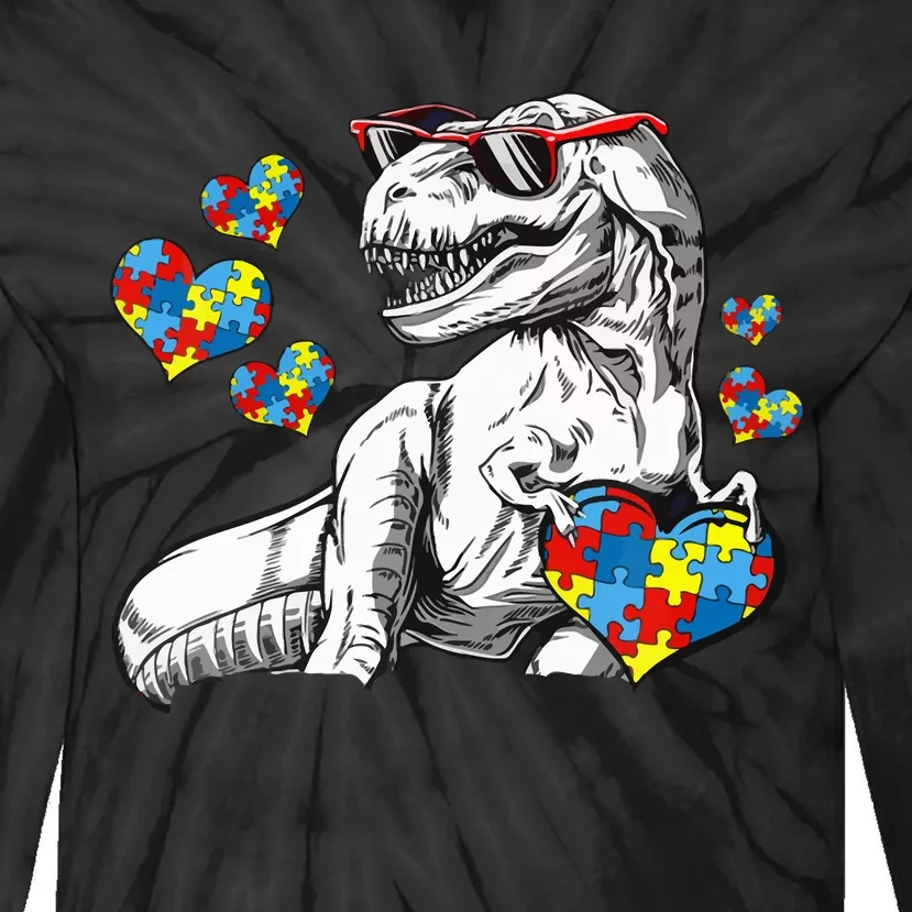 Autism Awareness TRex Dinosaur Sunglasses Heart Puzzle Tie-Dye Long Sleeve Shirt