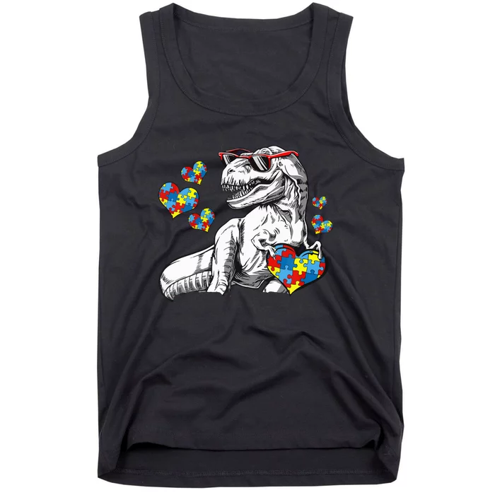 Autism Awareness TRex Dinosaur Sunglasses Heart Puzzle Tank Top