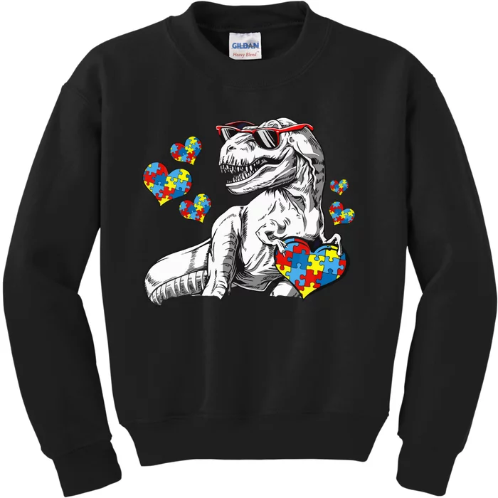 Autism Awareness TRex Dinosaur Sunglasses Heart Puzzle Kids Sweatshirt