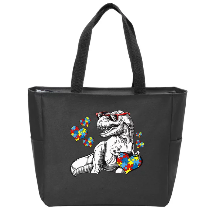 Autism Awareness TRex Dinosaur Sunglasses Heart Puzzle Zip Tote Bag