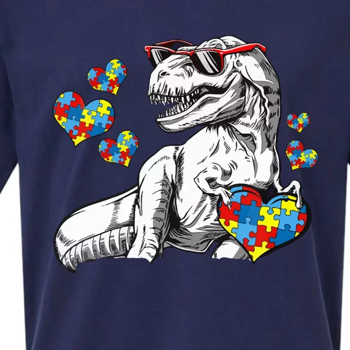 Autism Awareness TRex Dinosaur Sunglasses Heart Puzzle Sueded Cloud Jersey T-Shirt