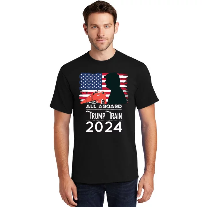 All Aboard Trump Train 2024 Vintage American Flag Tall T-Shirt