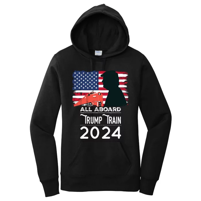 All Aboard Trump Train 2024 Vintage American Flag Women's Pullover Hoodie