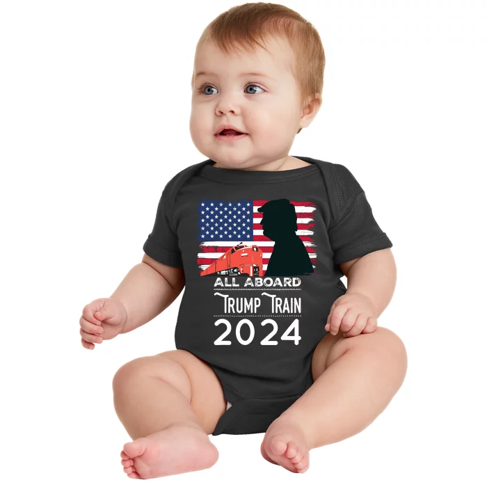 All Aboard Trump Train 2024 Vintage American Flag Baby Bodysuit