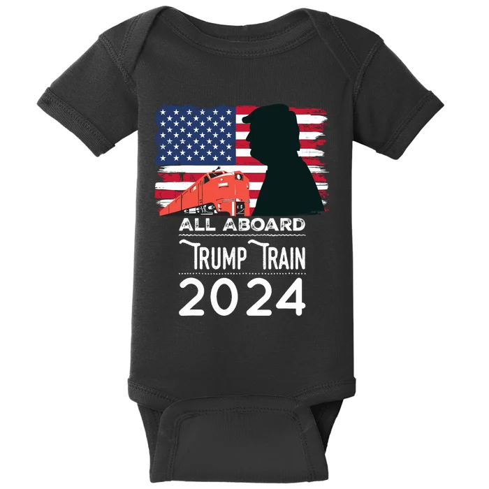 All Aboard Trump Train 2024 Vintage American Flag Baby Bodysuit