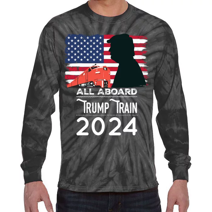 All Aboard Trump Train 2024 Vintage American Flag Tie-Dye Long Sleeve Shirt