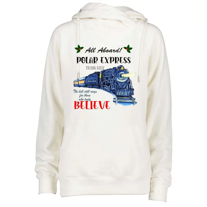 All Aboard Train Ride Believe Christmas Womens Funnel Neck Pullover Hood