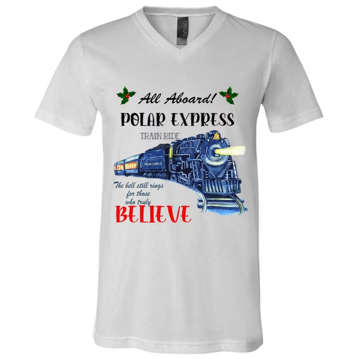 All Aboard Train Ride Believe Christmas V-Neck T-Shirt