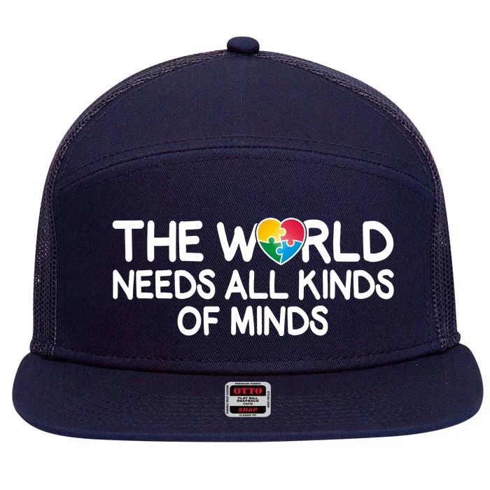 Autism Awareness The World Needs All Kinds Of Minds 7 Panel Mesh Trucker Snapback Hat