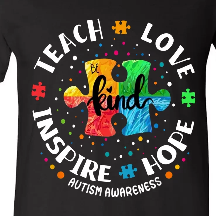 Autism Awareness Teacher Teach Hope Love Inspire V-Neck T-Shirt