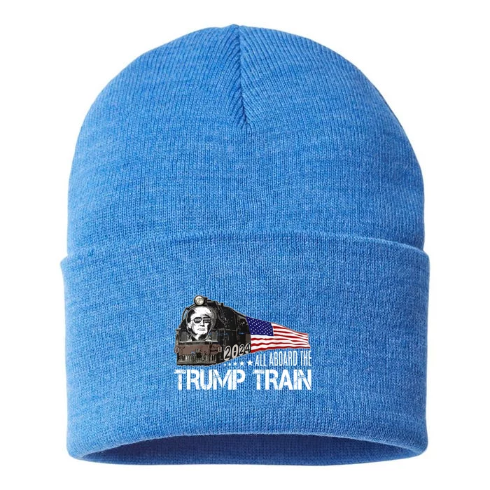 All Aboard The Trump Train American Flag Trump 2024 Election Meaningful Gift Sustainable Knit Beanie