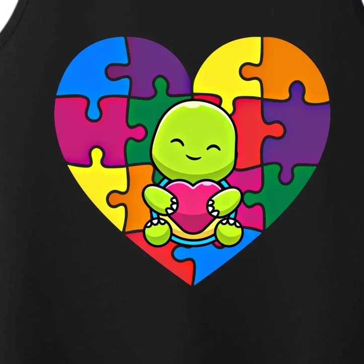 Autism Awareness Turtle Heart ValentineS Day Puzzle Piece Gift Performance Tank