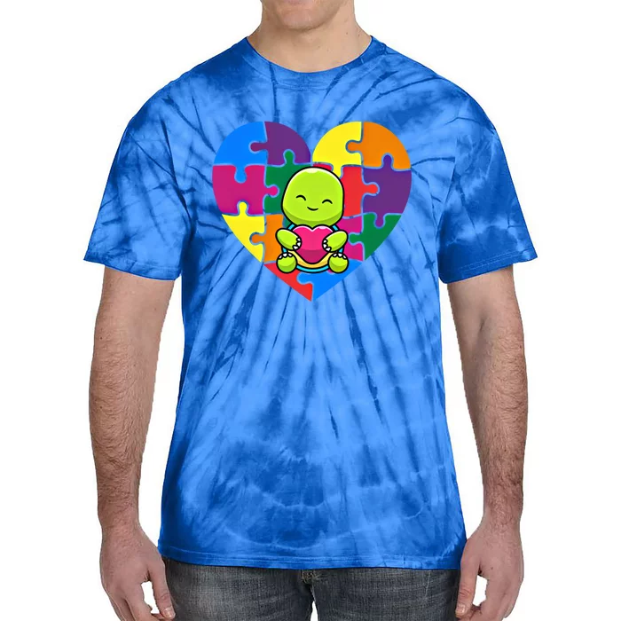 Autism Awareness Turtle Heart ValentineS Day Puzzle Piece Gift Tie-Dye T-Shirt