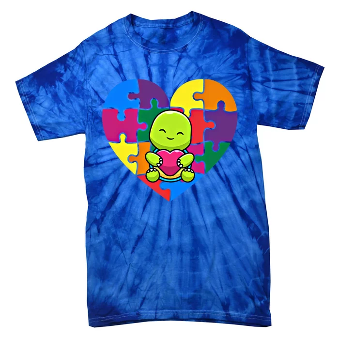 Autism Awareness Turtle Heart ValentineS Day Puzzle Piece Gift Tie-Dye T-Shirt