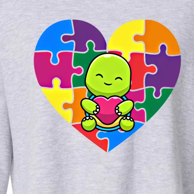 Autism Awareness Turtle Heart ValentineS Day Puzzle Piece Gift Cropped Pullover Crew