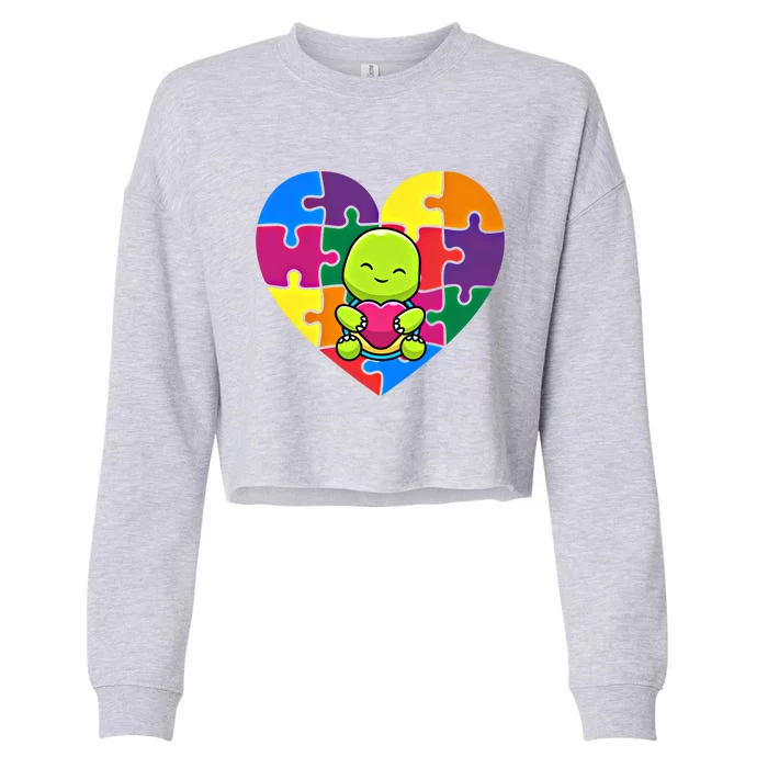 Autism Awareness Turtle Heart ValentineS Day Puzzle Piece Gift Cropped Pullover Crew