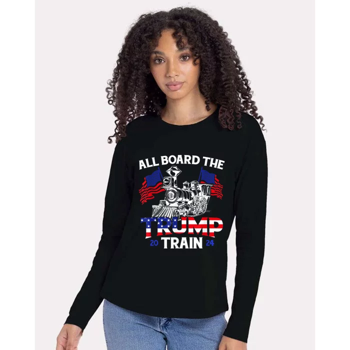 All Aboard Trump Train 2024 American Flag Trump Support Womens Cotton Relaxed Long Sleeve T-Shirt