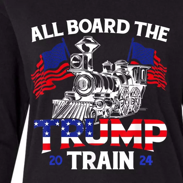 All Aboard Trump Train 2024 American Flag Trump Support Womens Cotton Relaxed Long Sleeve T-Shirt