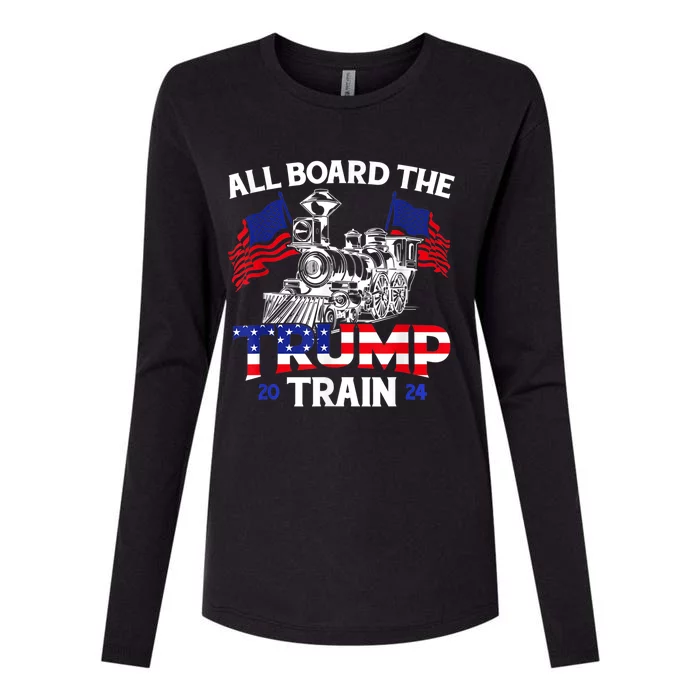 All Aboard Trump Train 2024 American Flag Trump Support Womens Cotton Relaxed Long Sleeve T-Shirt