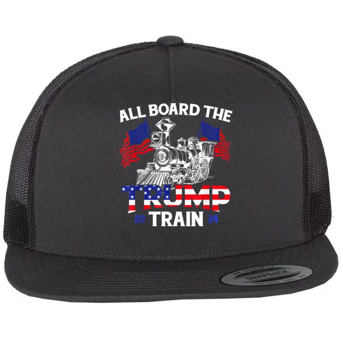 All Aboard Trump Train 2024 American Flag Trump Support Flat Bill Trucker Hat