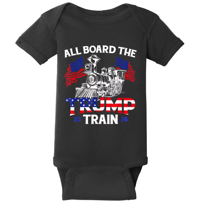 All Aboard Trump Train 2024 American Flag Trump Support Baby Bodysuit