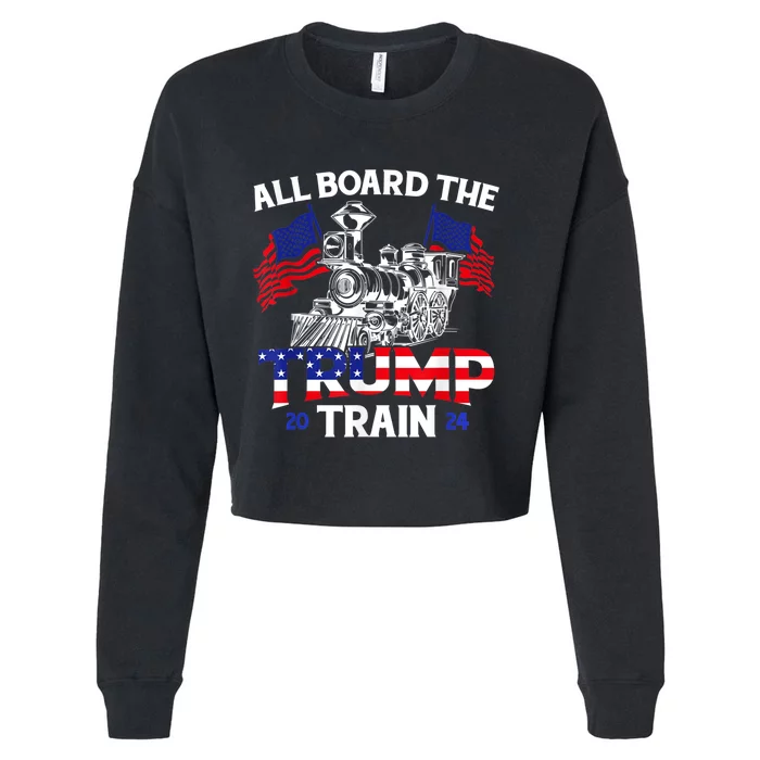 All Aboard Trump Train 2024 American Flag Trump Support Cropped Pullover Crew