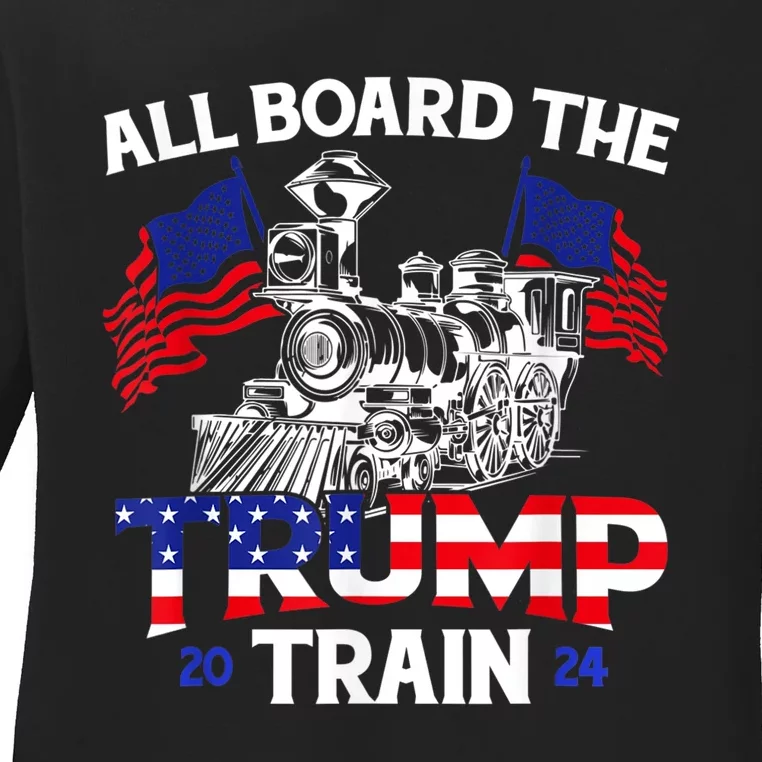 All Aboard Trump Train 2024 American Flag Trump Support Ladies Long Sleeve Shirt