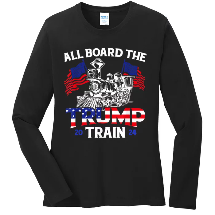 All Aboard Trump Train 2024 American Flag Trump Support Ladies Long Sleeve Shirt