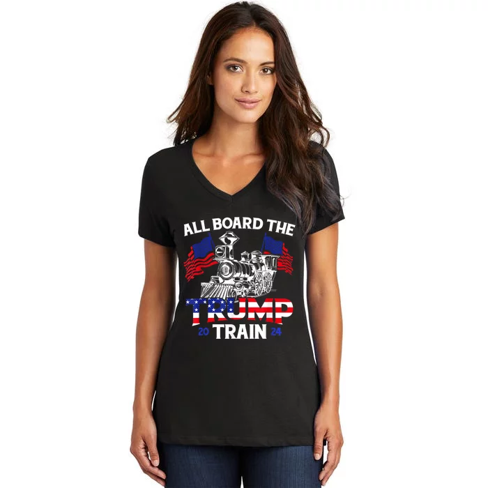 All Aboard Trump Train 2024 American Flag Trump Support Women's V-Neck T-Shirt