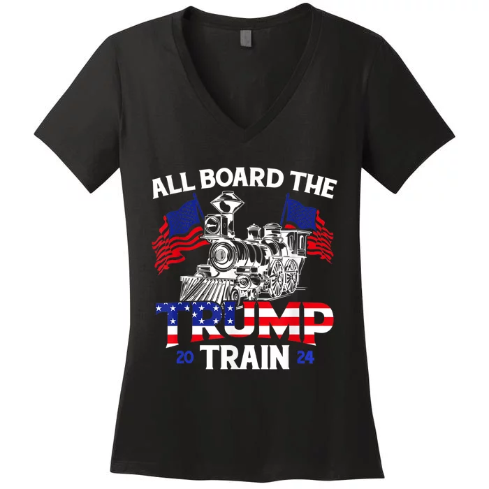 All Aboard Trump Train 2024 American Flag Trump Support Women's V-Neck T-Shirt