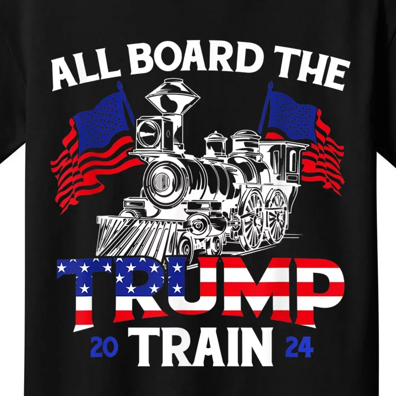 All Aboard Trump Train 2024 American Flag Trump Support Kids T-Shirt