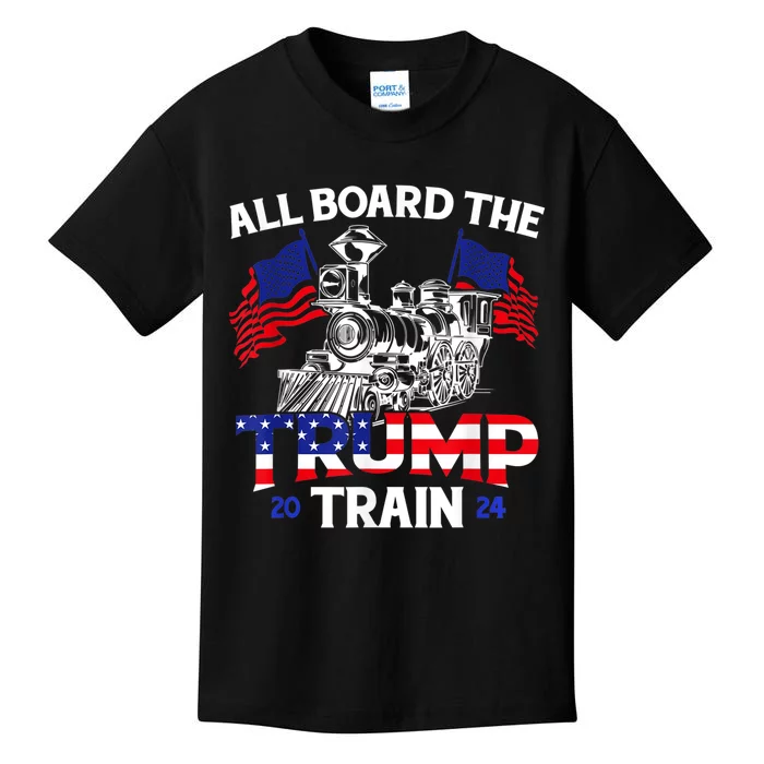 All Aboard Trump Train 2024 American Flag Trump Support Kids T-Shirt