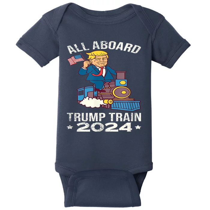 ALL ABOARD TRUMP TRAIN 2024 Patriotic American Flag Baby Bodysuit