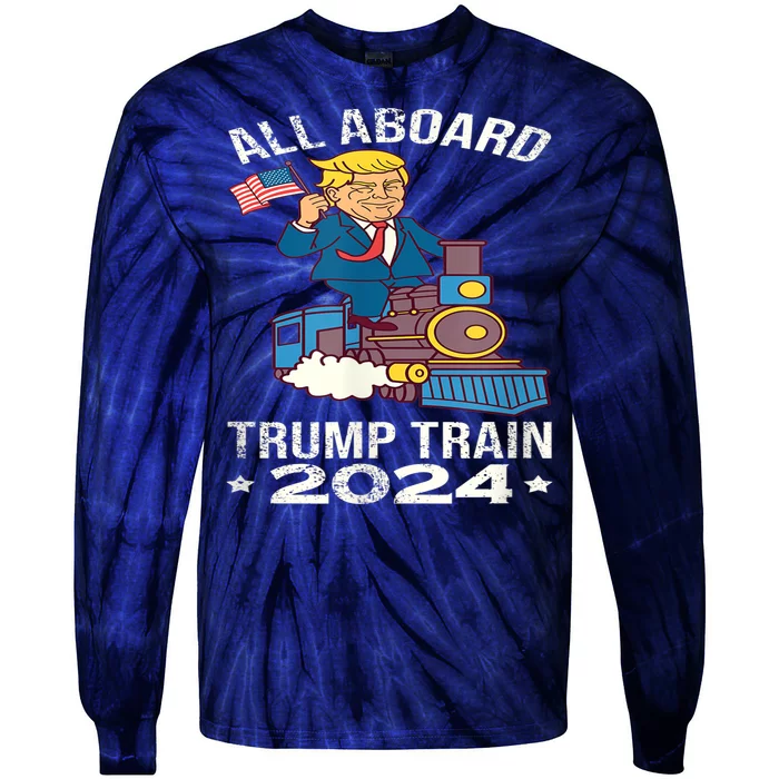 ALL ABOARD TRUMP TRAIN 2024 Patriotic American Flag Tie-Dye Long Sleeve Shirt