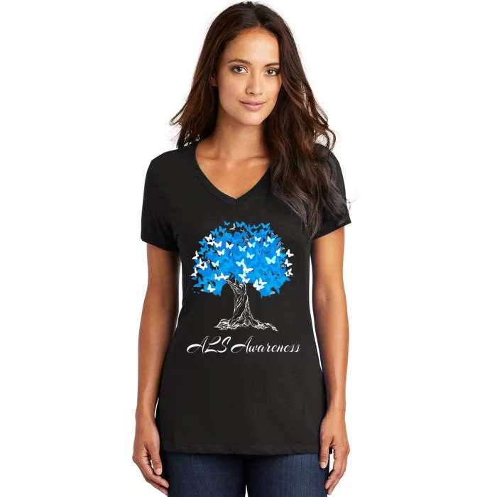 ALS Awareness Tree With Butterflies Support Women's V-Neck T-Shirt